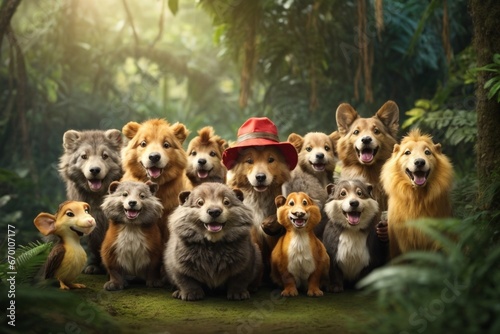 group of happy animals cartoon in the jungle 