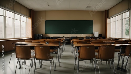 Empty and abandoned classroom image. Representing start of education and classes