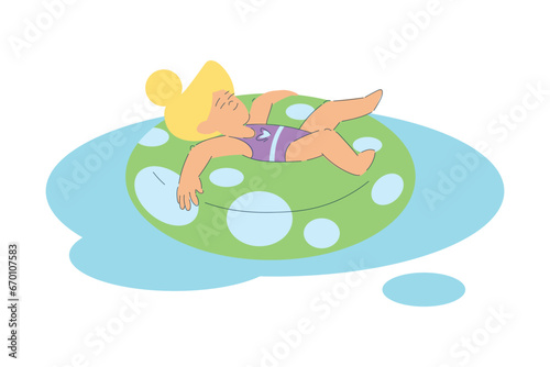 Fototapeta Naklejka Na Ścianę i Meble -  Vacation with Little Girl Character Floating on Rubber Ring Enjoying Seaside Rest Vector Illustration