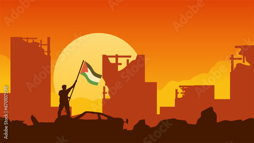 Palestinian Israeli conflict vector illustration. Silhouette of man holding Palestine flag in destroyed city. Landscape illustration of war for social issues, news, invasion and terrorism