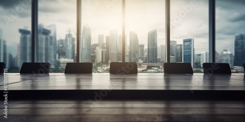 Blur image of empty boardroom with window cityscape background. Business concept