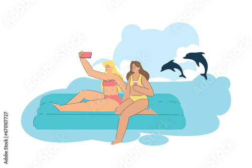 Vacation with Woman Character Floating on Inflatable Raft Enjoying Seaside Rest Vector Illustration
