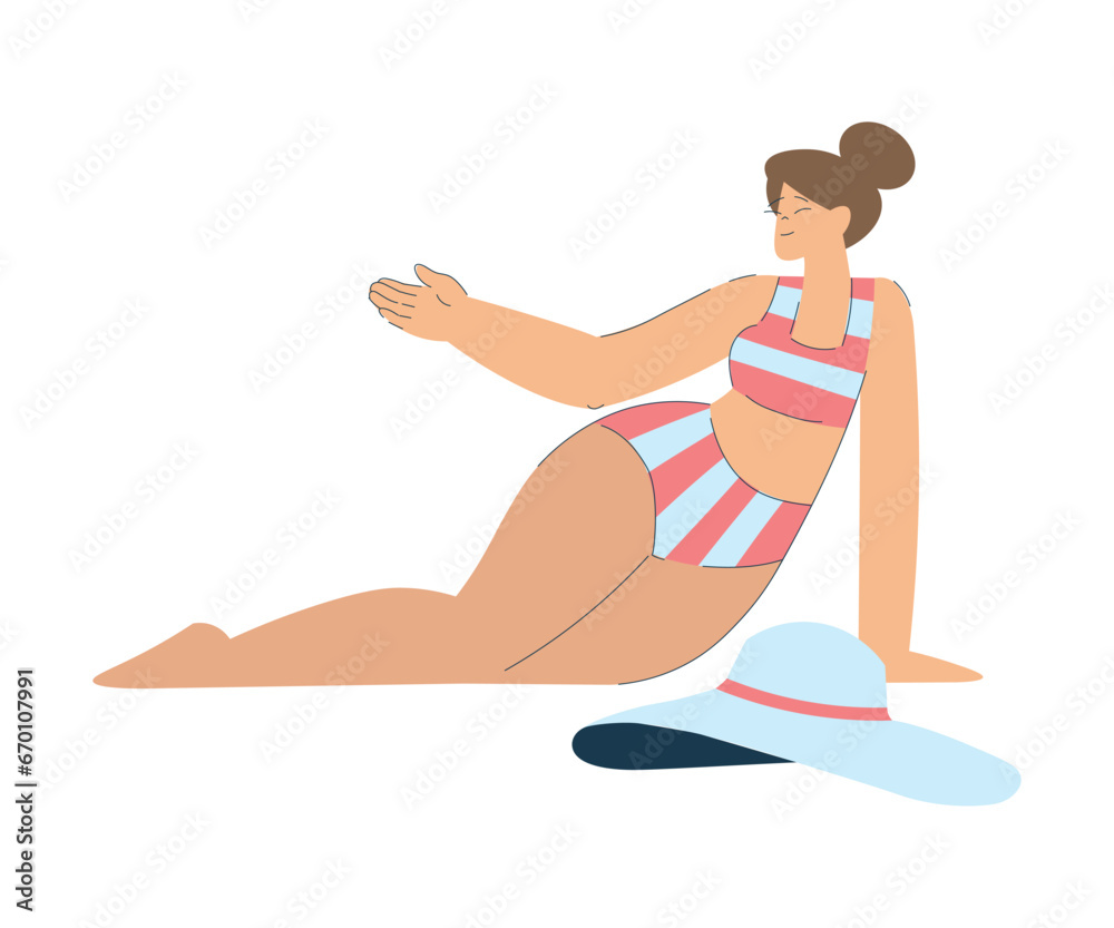 Vacation with Woman Character in Swimsuit Lying Enjoying Seaside Rest Vector Illustration