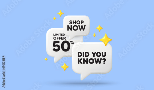 Did you know tag. 3d offer chat speech bubbles. Special offer question sign. Interesting facts symbol. Did you know speech bubble 3d message. Talk box stars banner. Vector