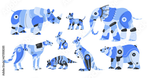 Cartoon cyborg animals. Robotic fauna characters. Mechanical mascots. Futuristic transformers. Metal rhinoceros. Automaton creature. Elephant and bear. Automatic machine. Garish vector set