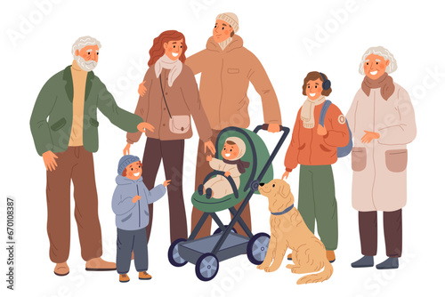 Cartoon family characters. Happy parents, grandparents and kids. People standing together. Several generations. Toddlers in carriage and dog. Relatives portrait. Garish vector concept