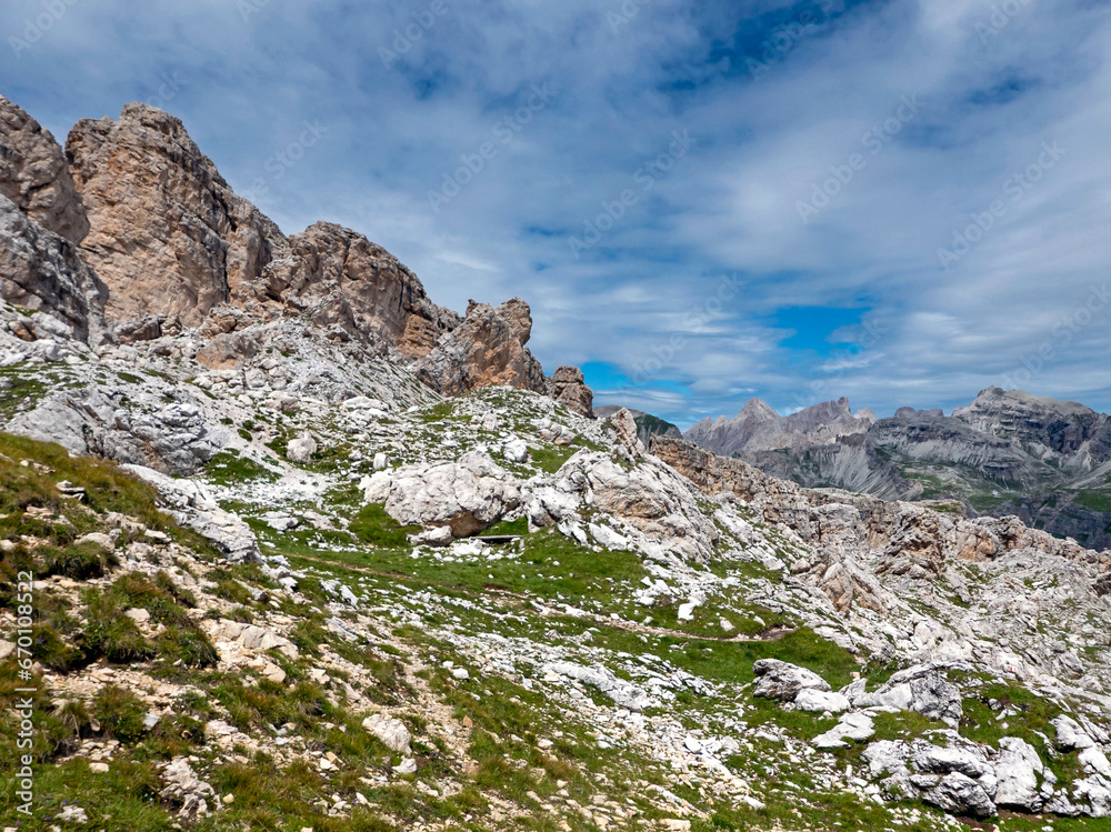 scenic view of rocky panorama in Dolomites in summer