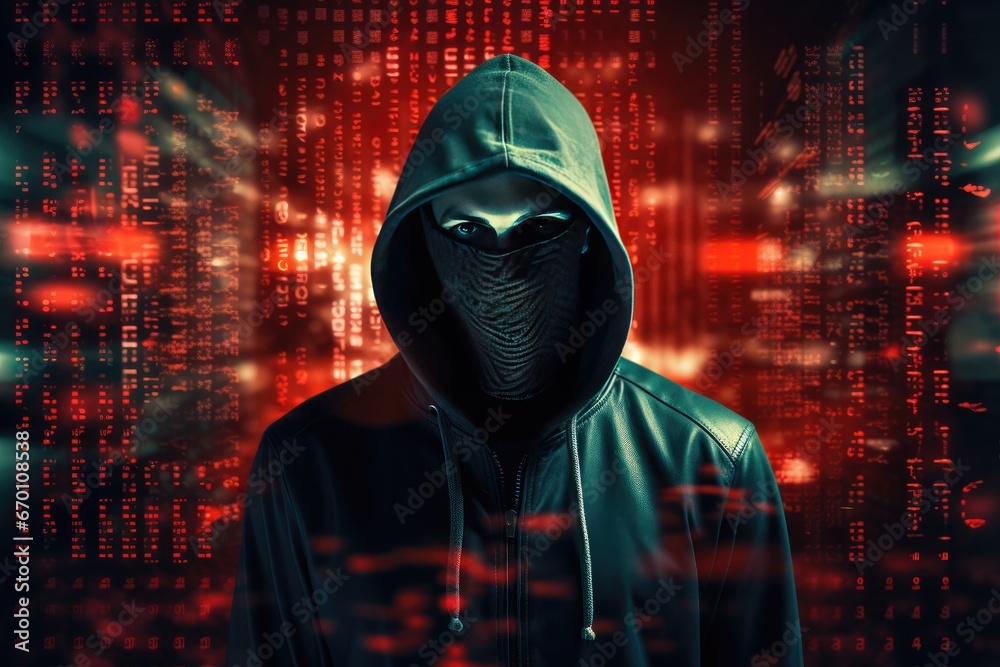 A hacker in black hoodie and mask working on his laptop over abstract binary background A hacker in black hoodie and mask working on his laptop over abstract binary background