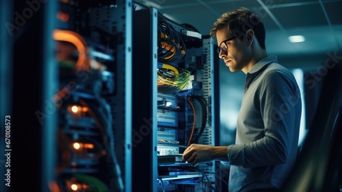 Male worker, tech engineer performing maintenance work in a server room, reparing something or checks the operation of servers.