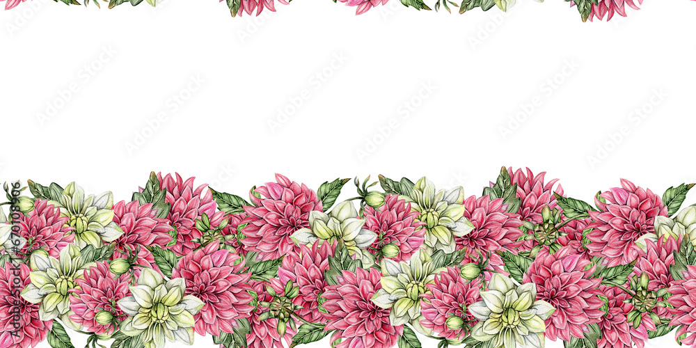 Watercolor dahlia flowers seamless horizontal background. Blooming flower garden. Design for baby shower party, birthday, cake, holiday celebration design, posters, greetings card, invitation.