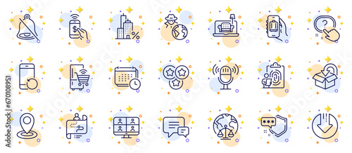 Outline set of Question button, Return package and Phone payment line icons for web app. Include Mortgage, Fraud, Fingerprint pictogram icons. Recovery phone, Download arrow, Furniture signs. Vector