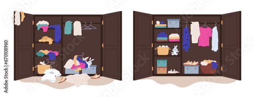 Messy clothes in wardrobe. Putting wears in order home wooden closet. Garments distribution by shelves. Declutter in cabinet. Coats and jeans hanging on hangers. Garish vector concept
