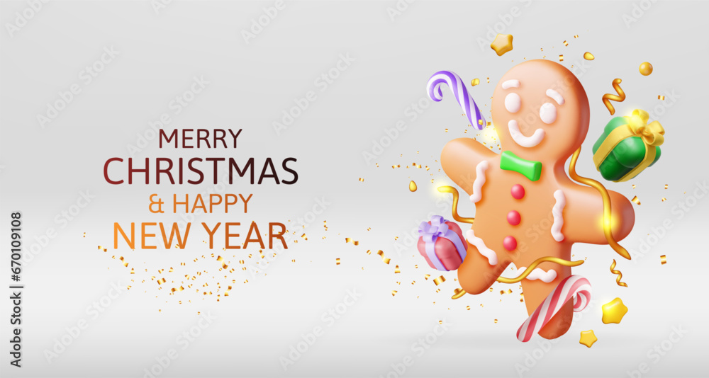 3D Holiday Gingerbread Man Cookie and Confetti. Render Cookie in Shape of Man with Colored Icing. Happy New Year Decoration. Merry Christmas Holiday. New Year Xmas Celebration. Vector illustration 3D Holiday Gingerbread Man Cookie and Confetti. Render Cookie in Shape of Man with Colored Icing. Happy New Year Decoration. Merry Christmas Holiday. New Year Xmas Celebration. Vector illustration
