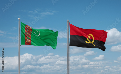 Turkmenistan and Angola national flags, country relationship concept