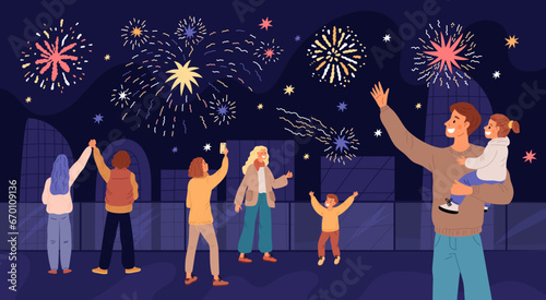 People watch city fireworks. Night festive street. Citizens rejoice in pyrotechnic explosions. Holiday celebration. Parents and kids looking at sky light bursts. Garish vector concept