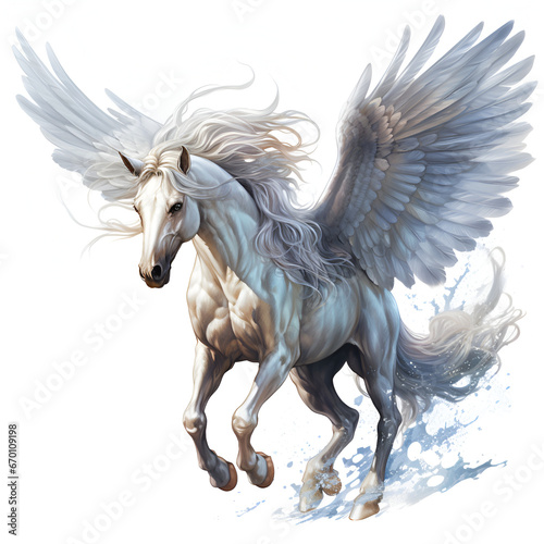 The image depicts a pegasus  a mythical creature from ancient Greek mythology  with angel wings and the head of a horse. The pegasus is in motion  galloping 