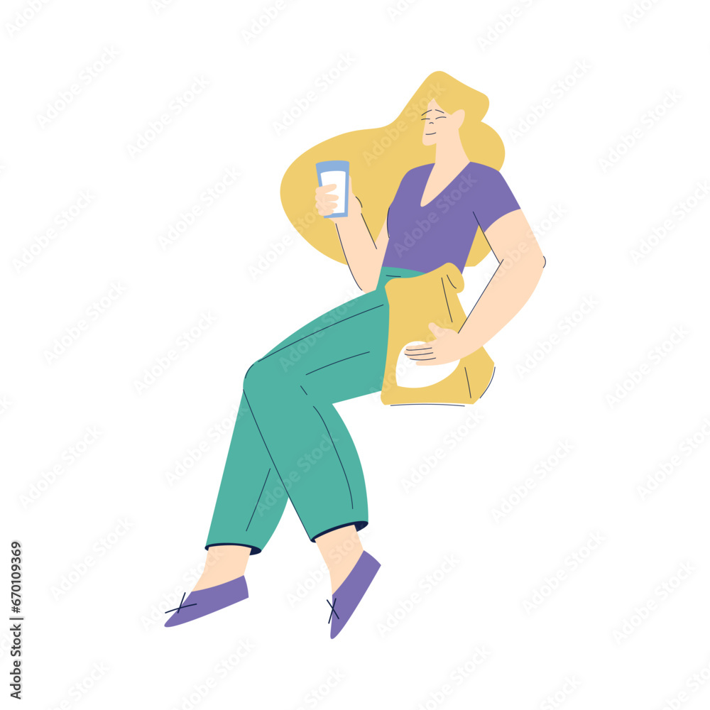 Woman Character with Glass and Fast Food Package Enjoying Cold Refreshing Drink Vector Illustration