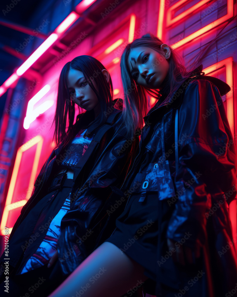 Generative AI two cyberpunk black women sisters striking poses in a neon-drenched cityscape