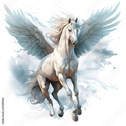 The image depicts a pegasus, a mythical creature from ancient Greek mythology, with angel wings and the head of a horse. The pegasus is in motion, galloping 