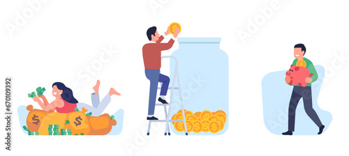 Ways of storing personal money. Finance storage. Wealthy people saving cash in jar or piggy bank. Woman lying on banknotes heap. Man carrying gold coins. Investment strategy. Vector concept