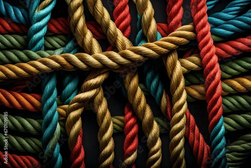 Two different colored ropes, one vibrant red and the other deep blue, intertwine gracefully to form a single square knot on a black background. 