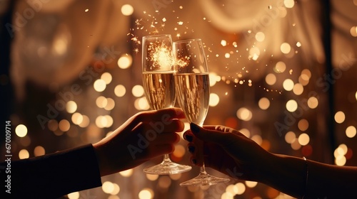 Glasses with champagne in hand at the celebration table in dark background close-up. Celebration of the occasion. Toast