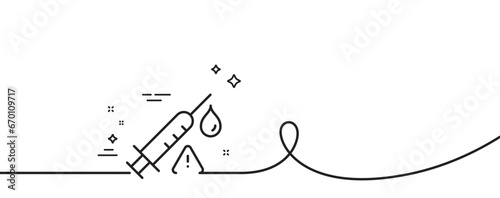 Vaccine attention line icon. Continuous one line with curl. Vaccination syringe warning sign. Jab symbol. Vaccine attention single outline ribbon. Loop curve pattern. Vector