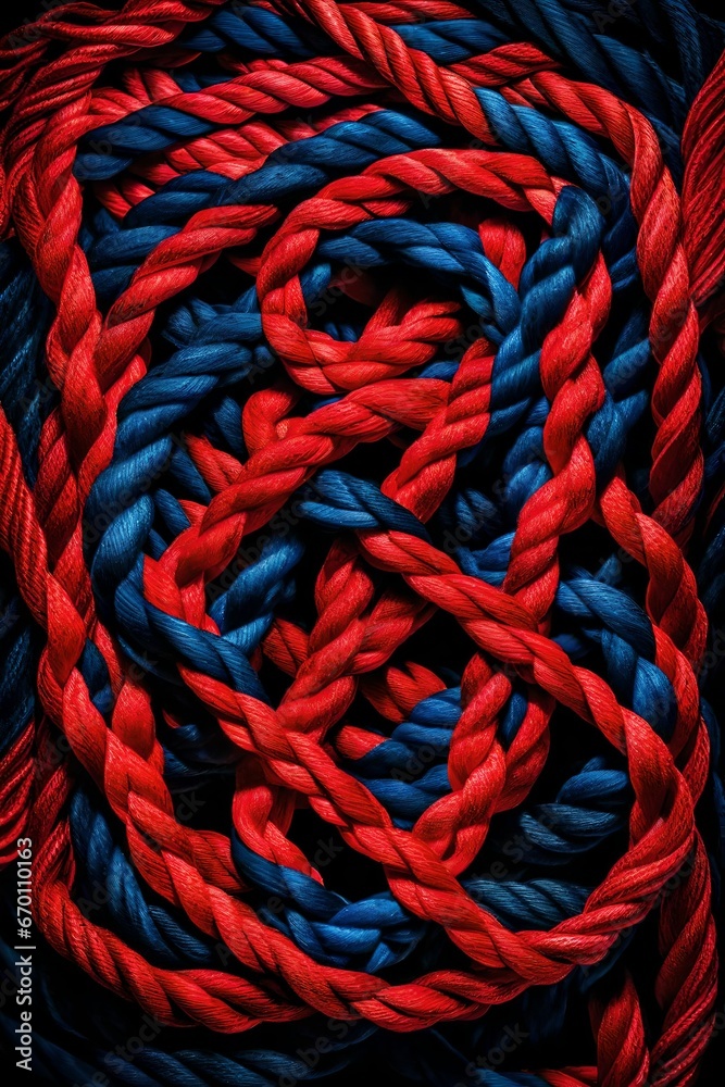 Two different colored ropes, one vibrant red and the other deep blue, intertwine gracefully to form a single square knot on a black background. 