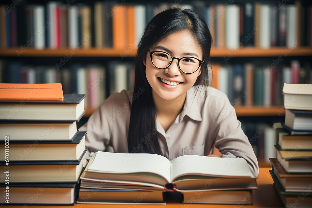 Portrait of happy smiling young female student in eyeglasses at library Portrait of happy smiling young female student in eyeglasses at library