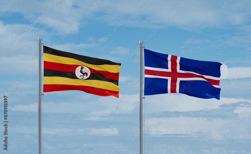 Iceland and Uganda flags, country relationship concept