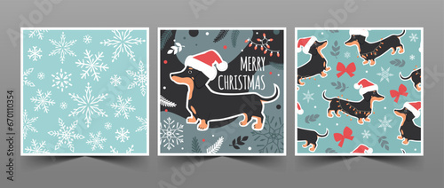 Set of Christmas cards and seamless patterns with cute dogs, text, and winter elements. Vector flat illustration in trendy colors.
