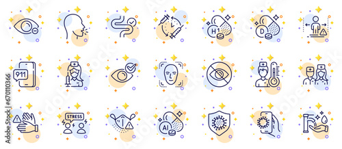 Outline set of Difficult stress, Covid app and Digestion line icons for web app. Include Dont touch, Not looking, Vaccination pictogram icons. Emergency call, Washing hands, Myopia signs. Vector