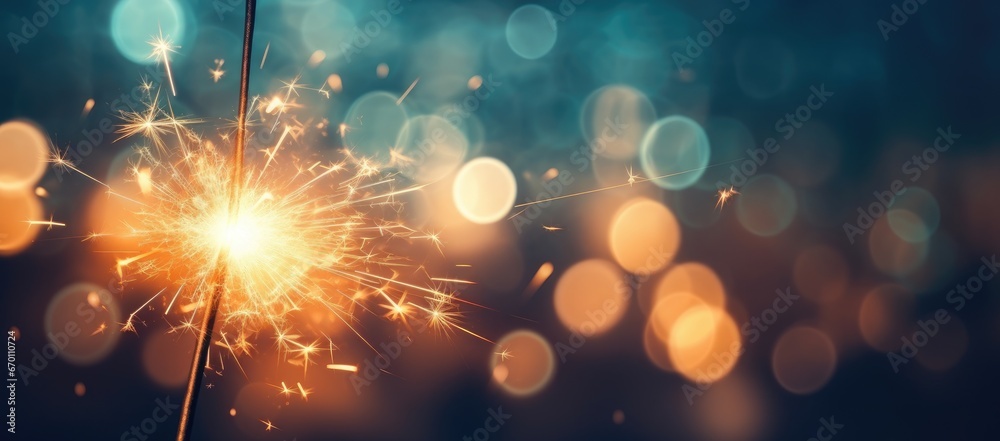 Fototapeta premium A close-up of a Bengal light on a urban blurred background. Celebration of the new year and Christmas. Party accessory