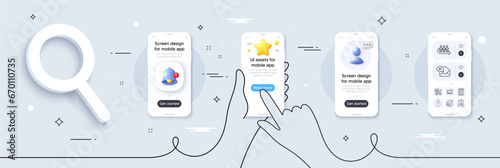 New mail, Overeating pills and Food delivery line icons pack. Phone screen mockup with 3d star, alert and chat message. Queue, Timer, Swipe up web icon. Vector
