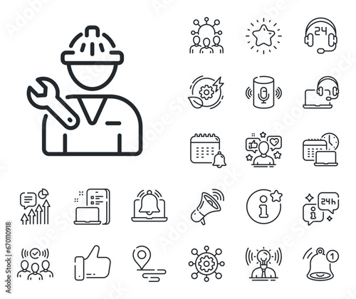 Repairman service sign. Place location, technology and smart speaker outline icons. Spanner tool line icon. Fix instruments symbol. Repairman line sign. Influencer, brand ambassador icon. Vector
