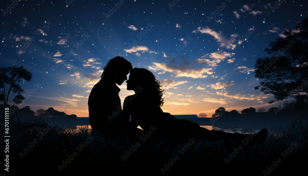 Silhouetted couple shares a serene moment under a starlit sky, surrounded by the hues of twilight and the silhouettes of nature