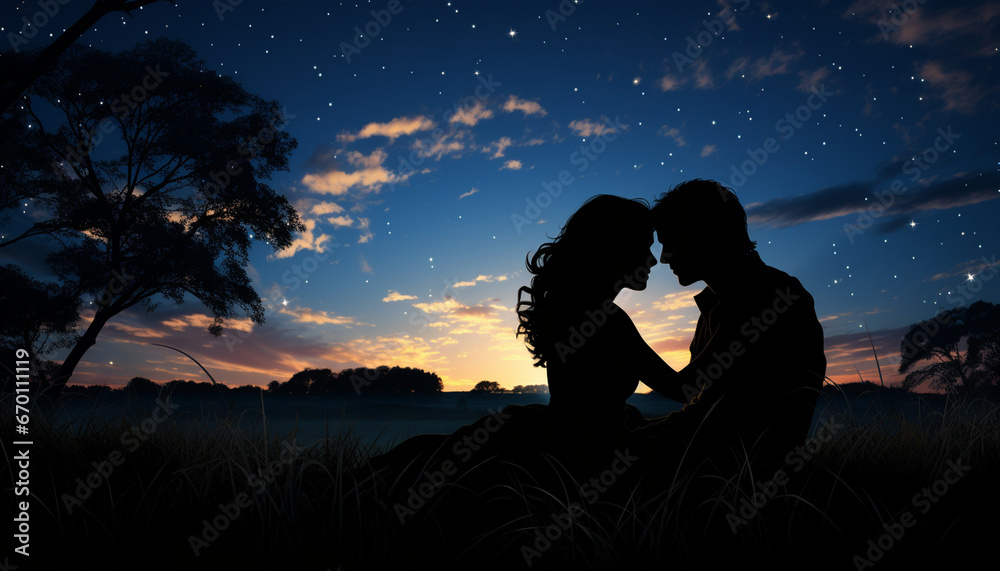 Silhouetted couple shares a serene moment under a starlit sky, surrounded by the hues of twilight and the silhouettes of nature