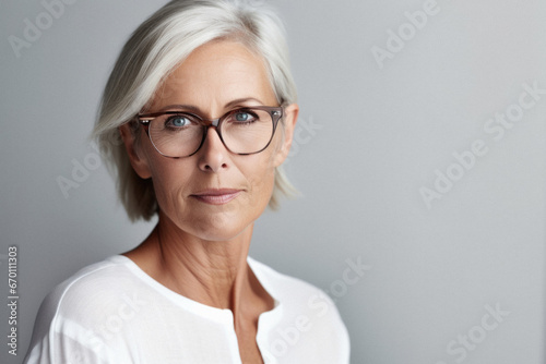 Portrait of mature woman in eyeglasses looking at camera against grey background.