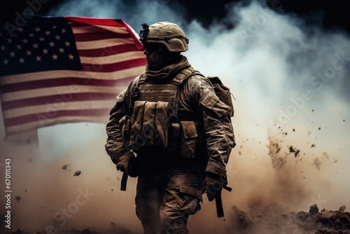 A soldier with a machine gun against a background of smoke and the American flag. US Veterans Day