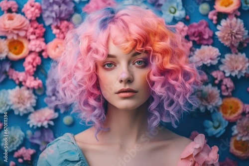 Adorable girl having her hair dyed in pastel color on floral background 