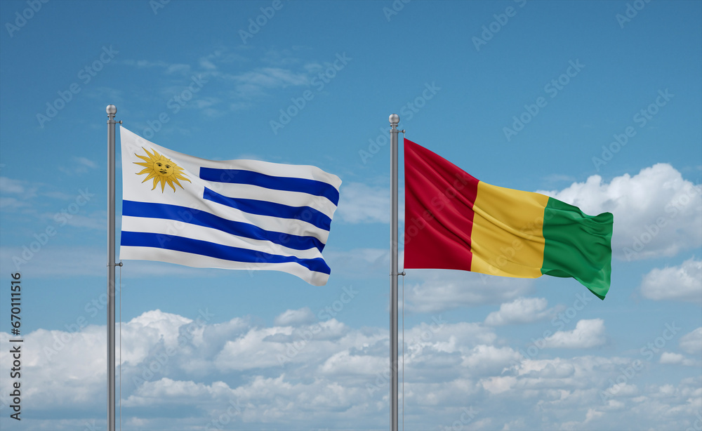 Guinea and Uruguay flags, country relationship concept