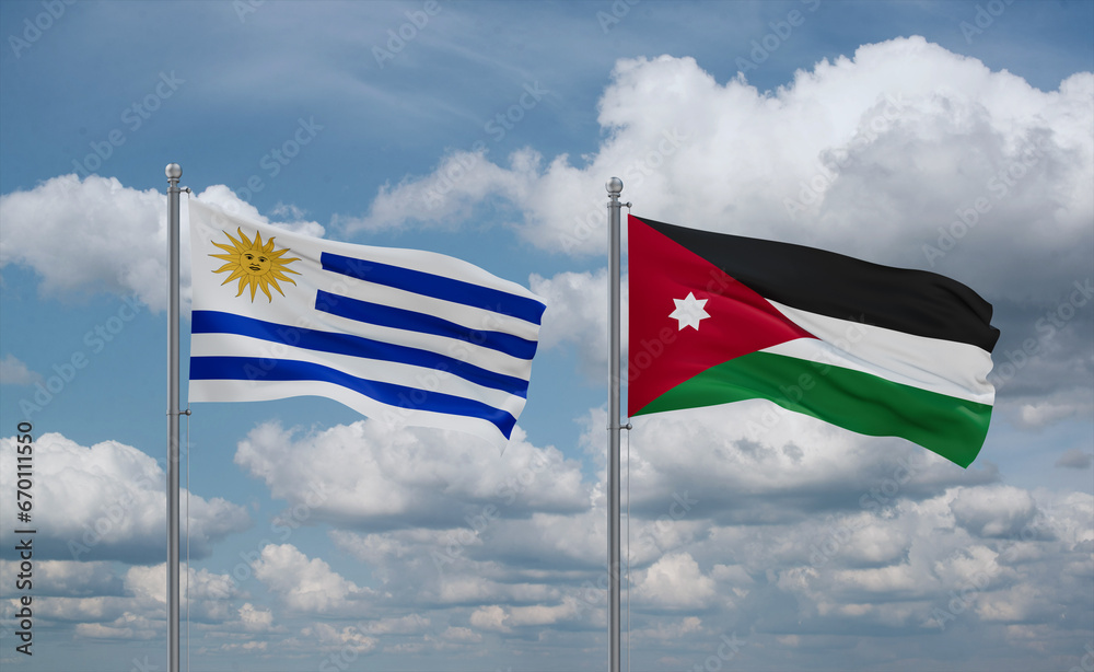 Fototapeta premium Jordan and Uruguay flags, country relationship concept