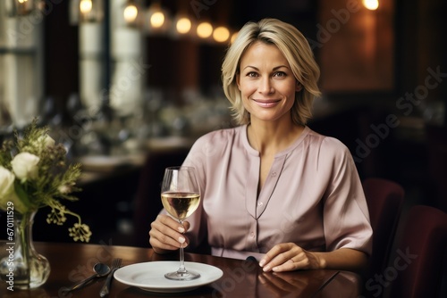Dating. Sensual middle aged Caucasian woman with a glass of red wine on date in an expensive restaurant looking at you. A romantic moment at a restaurant.