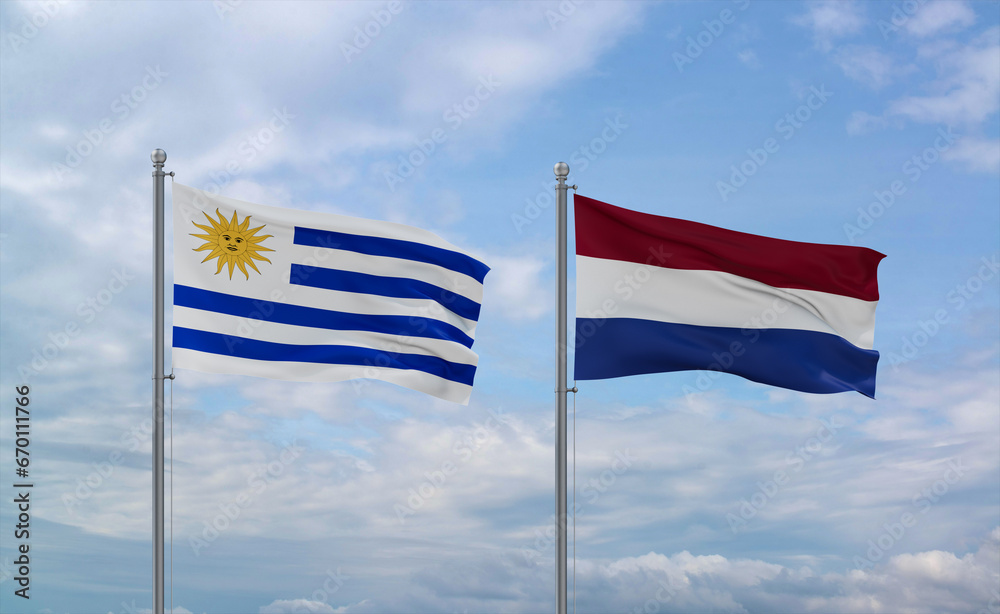 Netherlands and Uruguay flags, country relationship concept