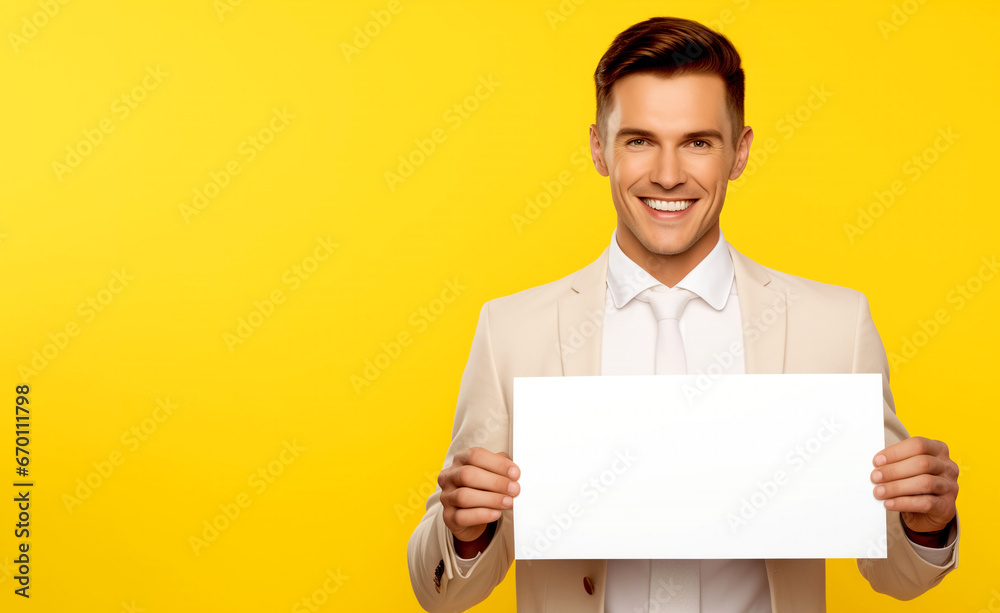OPTIMISTIC SMILING BUSINESSMAN SHOWING BLANK WHITE POSTER FOR MARKETING ON YELLOW BACKGROUND. legal AI