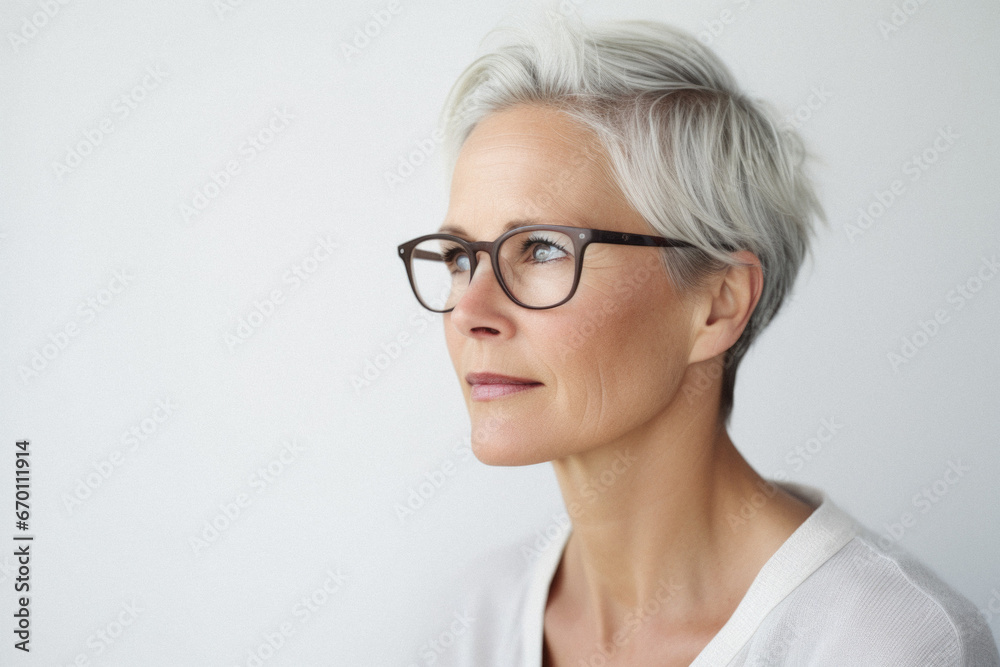 Portrait of mature woman in eyeglasses looking at camera isolated on grey. Portrait of mature woman in eyeglasses looking at camera isolated on grey.