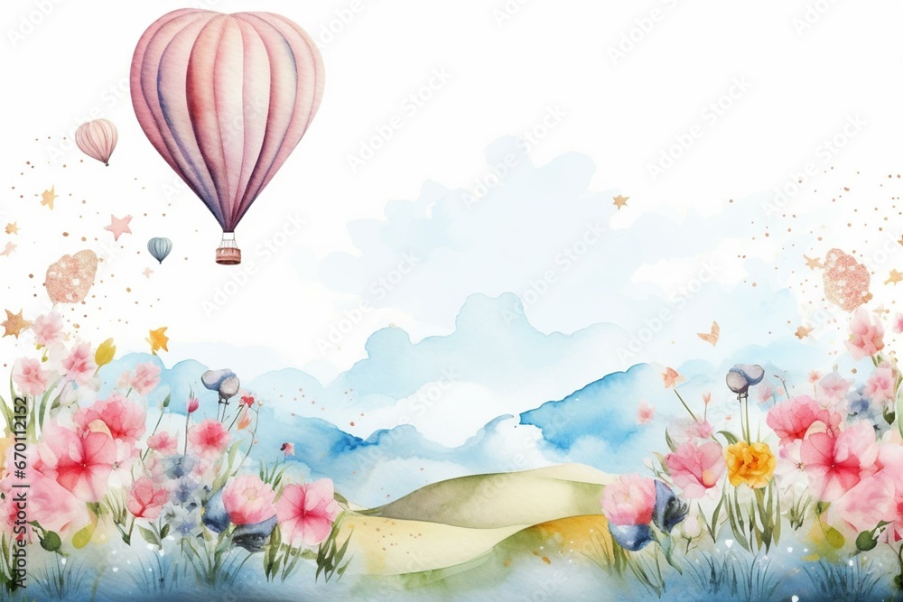 watercolor balloon with flowers on white, journey sky, children's room. Generative AI