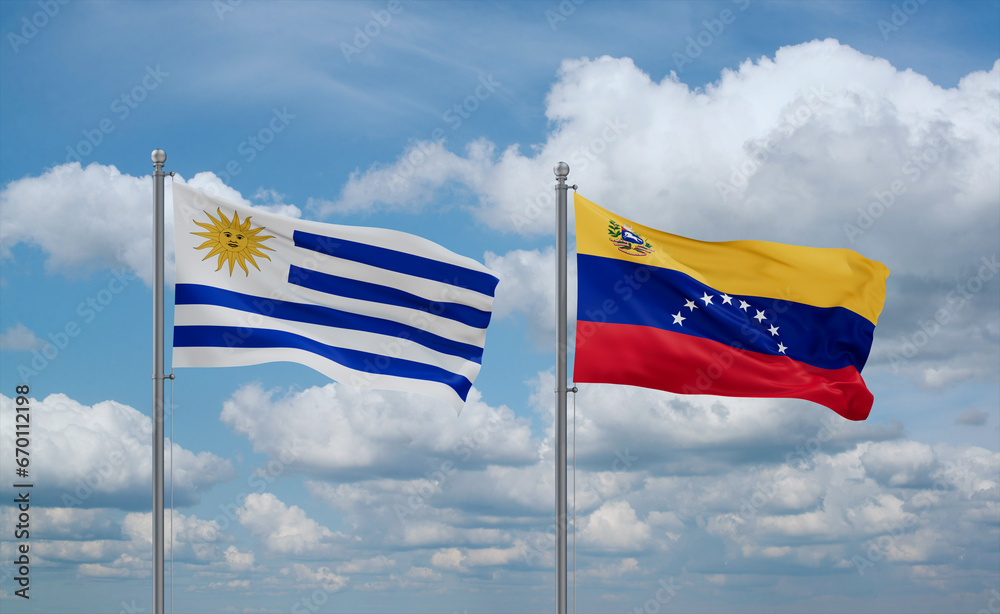 Venezuela and Uruguay flags, country relationship concept