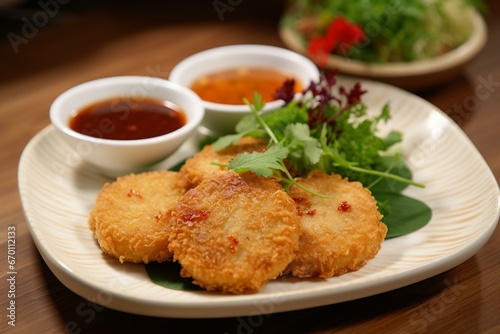 Fried fishcake with tangy sauce. Generative AI