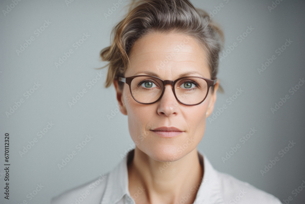 Portrait of a beautiful businesswoman in glasses on a gray background.